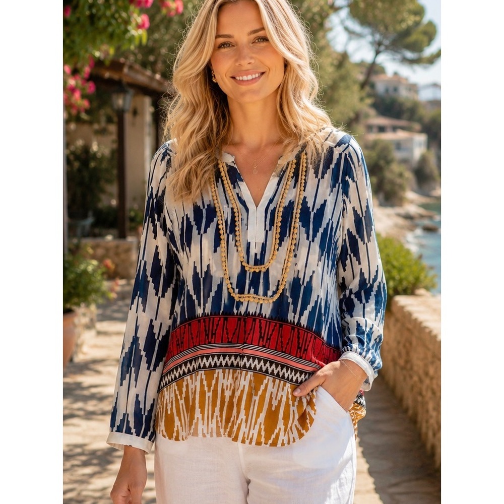 Maeve Womens Long Sleeve Blouse Turquoise Blue Boho Festival Tribal Southwestern